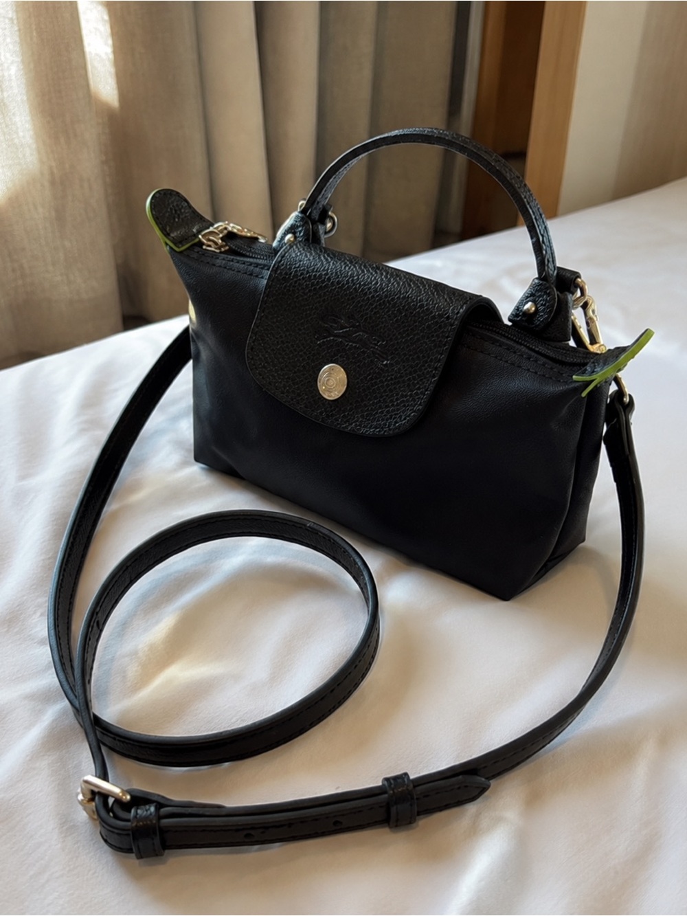 Longchamp Black Crossbody Top-Handle Bag with Lime Trim